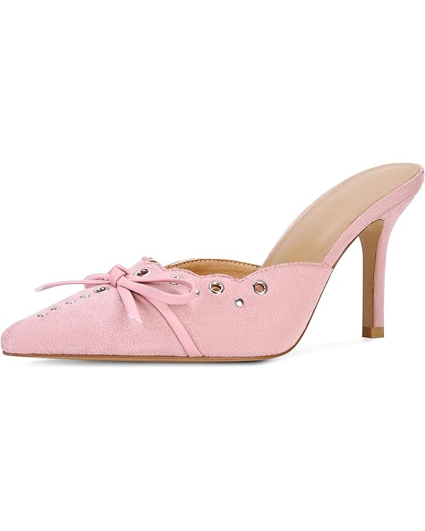 Women Pointed Toe Bow Heels Mules Slip on Stiletto Heels Sandals Dress Party Wedding Studded Heel... | Amazon (US)
