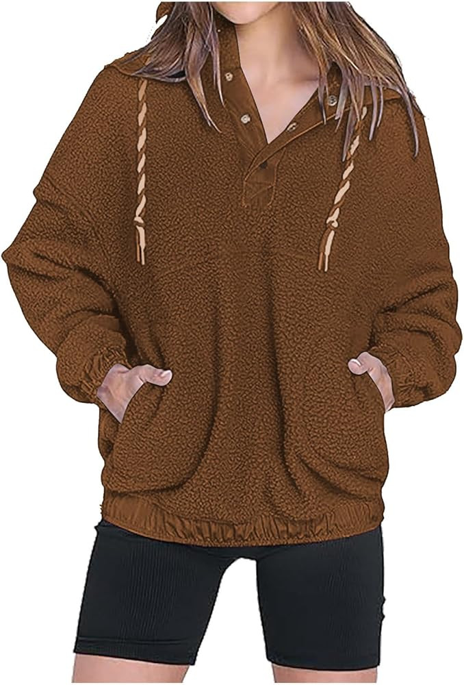 Womens Sherpa Fuzzy Fleece Hoodie Oversized Sweatshirt Cozy Button V Neck Pullover Top with Pocke... | Amazon (US)