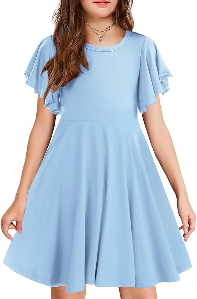 Arshiner Girls Dress Butterfly Sleeve Stretch A-Line Swing Skater Twirl School Dress with Pockets | Amazon (US)