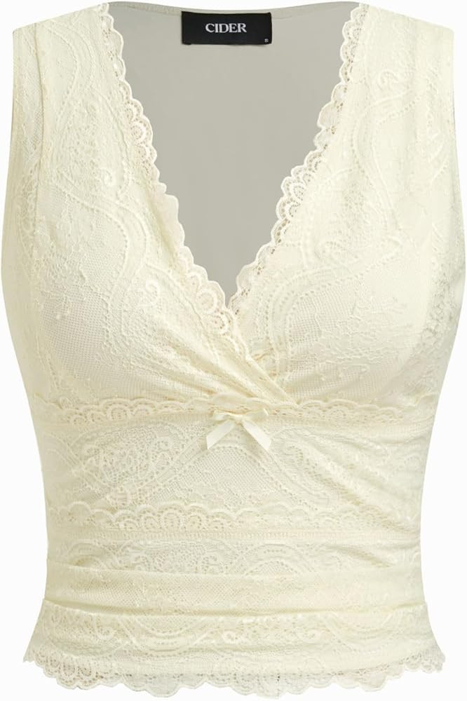 CIDER Lace Crop Tank Tops for Women Summer Going Out Tops V Neck Sleeveless Ruched Y2K Top Date N... | Amazon (US)