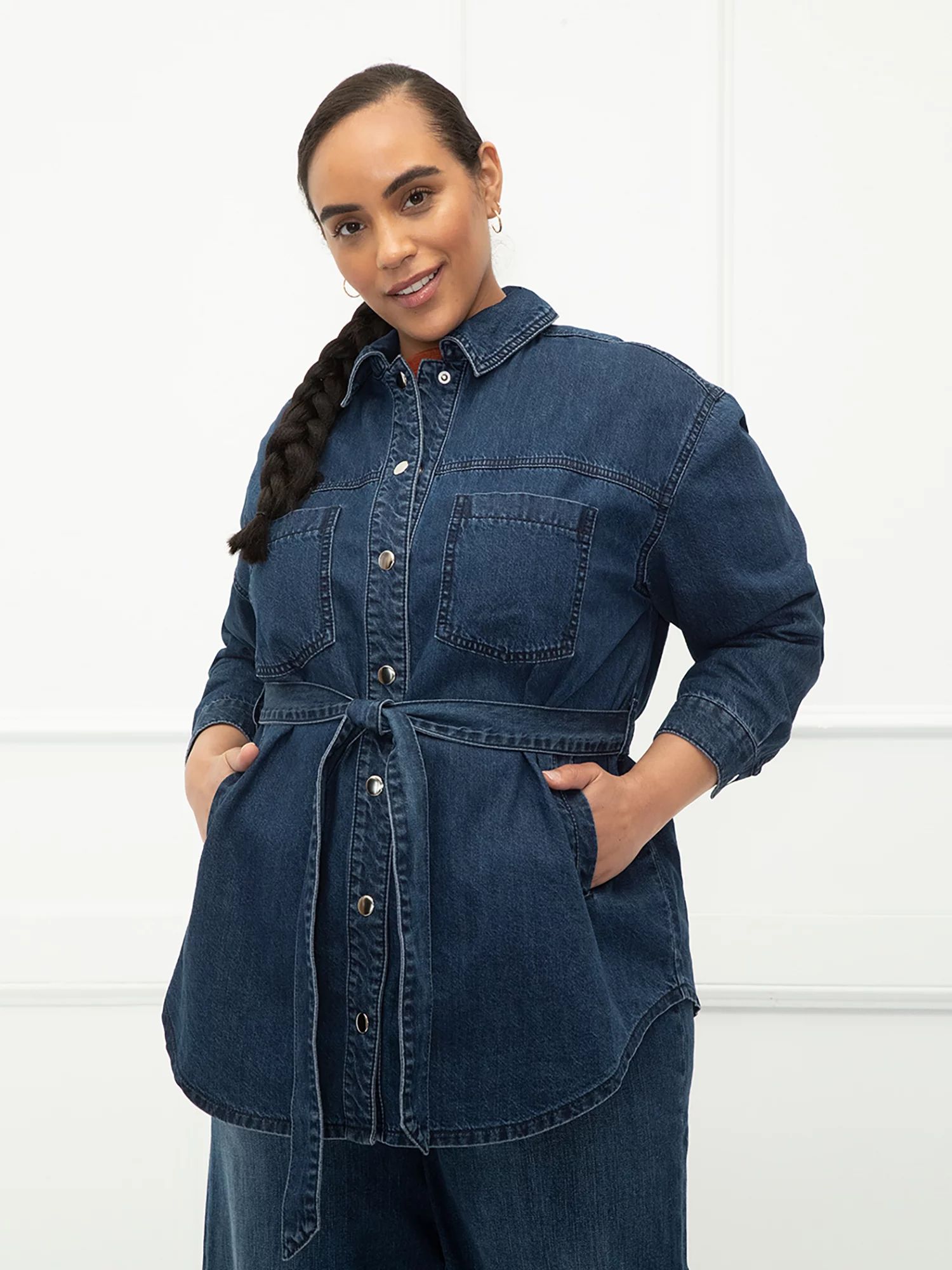 ELOQUII Elements Women's Plus Size Belted Denim Shirt Jacket | Walmart (US)