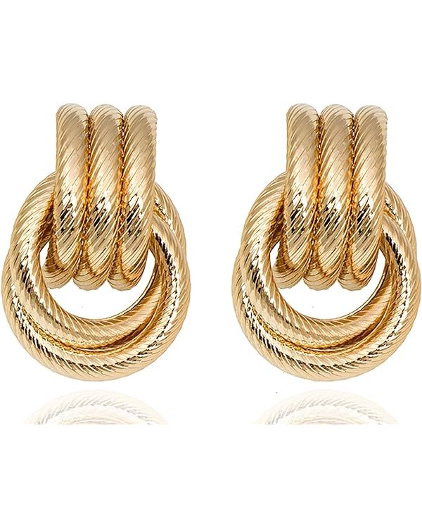 Gold Statement Earrings for Women Gold Chunky Geometric Earrings Hollow Tube Twill Knotted Link D... | Amazon (US)
