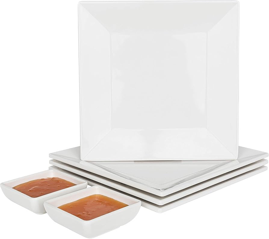 [4 Pack 10" x 10" White Square Melamine Plates, Unbreakable Elegant Dinnerware Set With Sauce Dis... | Amazon (US)