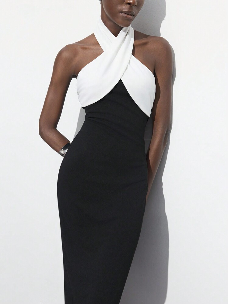 Maija Black & White Patchwork Twist Detail Slim Fit Elegant Long Dress For Women, Suitable For Party, Valentine's Day Festival 4th Of July Clothes,São João,Graduation Outfit | SHEIN