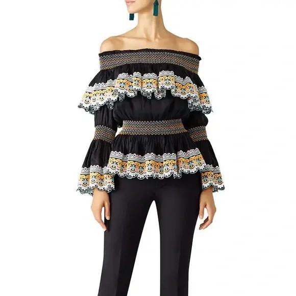 AMUR Black Scallop Embroidered Top silk linen boho women’s 8 | Poshmark
