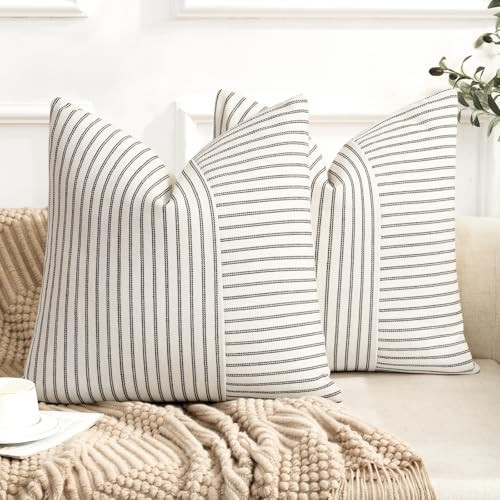 YCOLL Farmhouse Pillow Covers 18x18, Modern Accent Square Throw Pillow Covers Set of 2, Black and Beige Striped Patchwork Linen Decorative Pillows Cushion Covers for Couch Chair Bedroom Home Decor | Amazon (US)