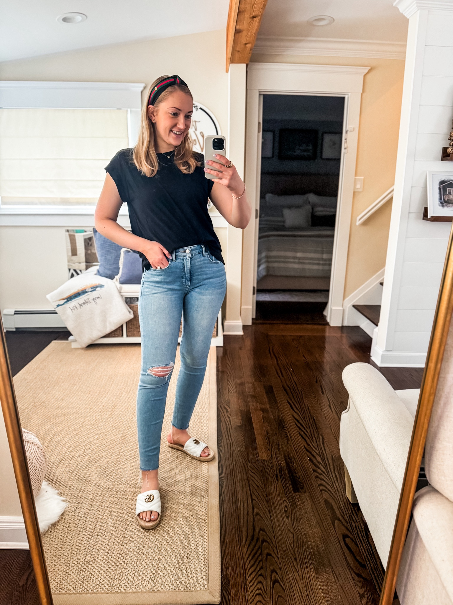 Oh hey summer weather 👋🏻 my go to outfit for a casual work day or running errands. My top is a great target find and comes in a bunch of different colors. My jeans are loft and my go to pair of ripped jeans!

Summer outfit, work outfit, denim, designer dupes, loft jeans 

#LTKSaleAlert #LTKSeasonal #LTKFindsUnder50