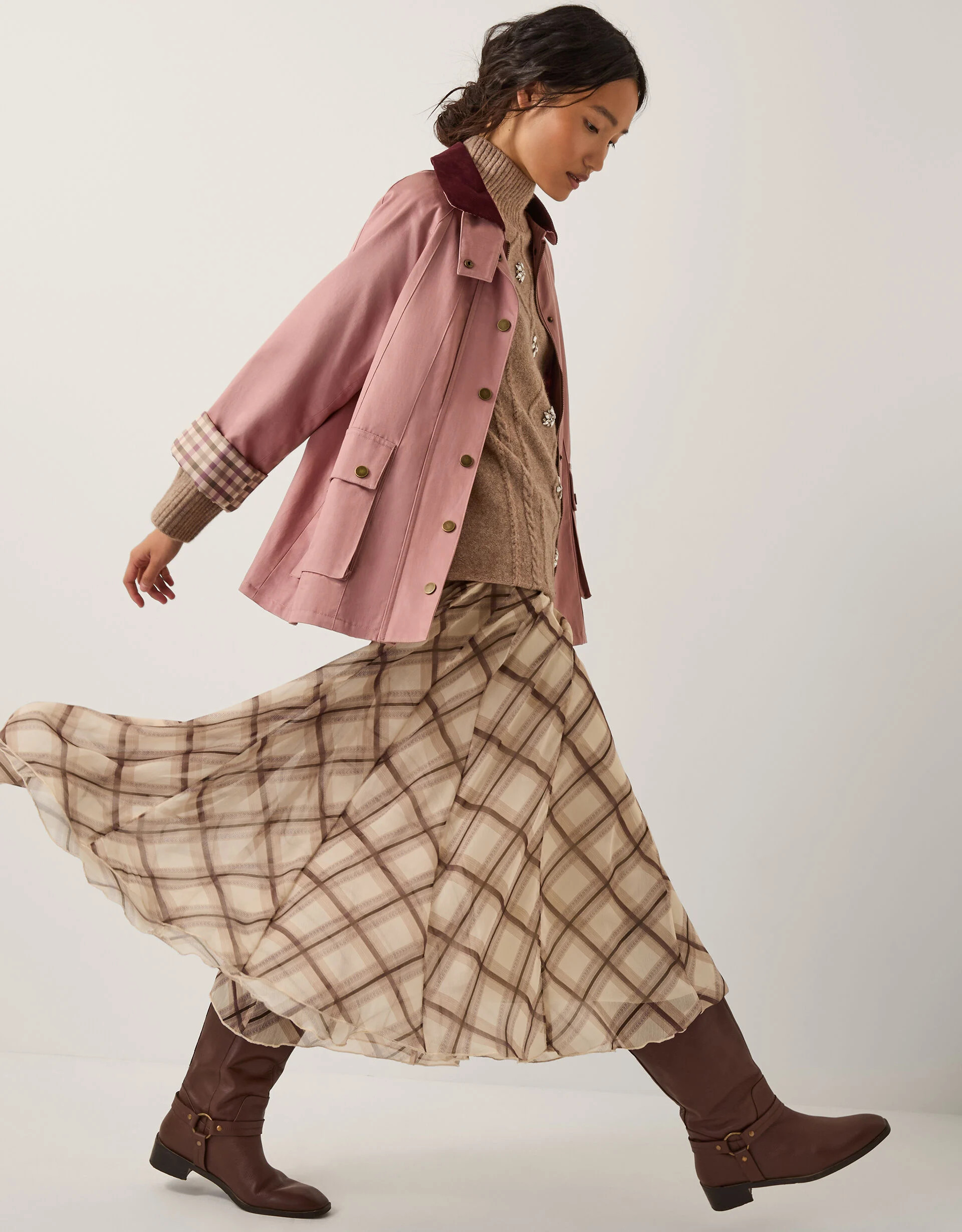 Chelsea Check Print Midi Skirt Natural | Monsoon (UK)