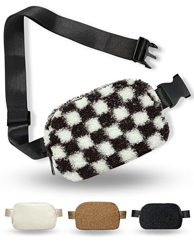 Boutique Fleece Belt Bag | Sherpa Checkered Crossbody Fanny Pack for Women | Cute Everywhere Waist Pack | Small Fashion Bag | Gold Accessories | Adjustable Small Strap | Black Checker | Amazon (US)