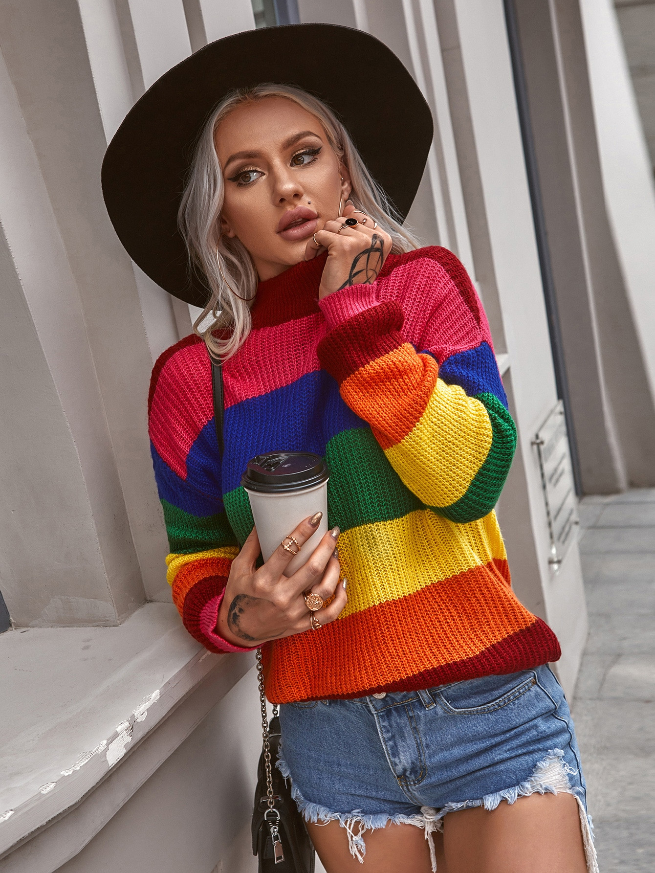 Rainbow Striped Mock Neck Ribbed Knit Sweater | SHEIN