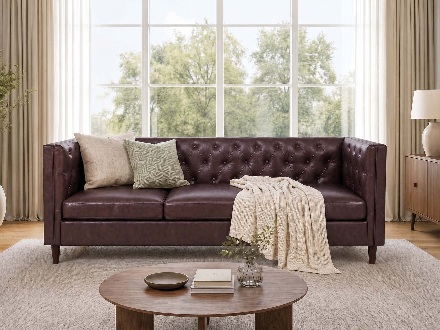 IdealHouse 81 in Modern Leather Couch for Living Room Mid Century Leather Sofa with Deep Seat Handmade Button Tufted Sofa Chesterfield 3 Seat Couch | Lowe's