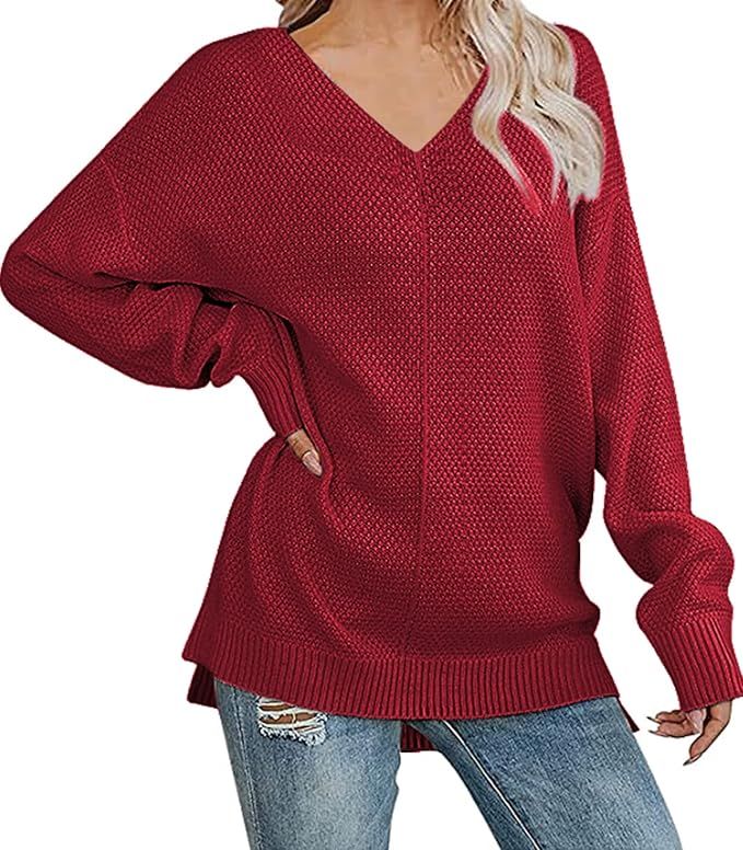 Aoysky Womens Fashion V Neck Slouchy Solid Sweater Oversized Waffle Knit Pullover Jumper Casual L... | Amazon (US)