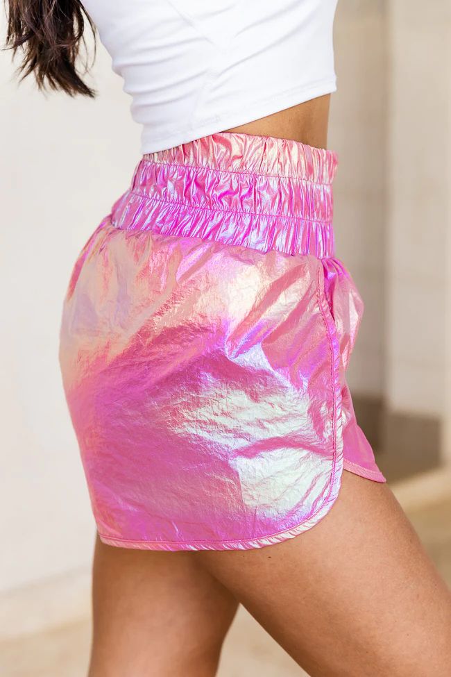 Errands To Run Metallic Pink High Waisted Athletic Shorts | Pink Lily