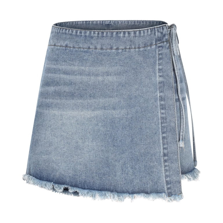 Felirenzacia Women's Tie-Up Jean Skort Shirred Washed Casual Bodycon Short Jean Denim Frayed Trim... | Walmart (US)