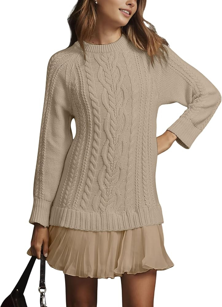 Women Cable Knit Sweater Dress Crewneck Long Sleeve Pleated Mini Dress Twofer Style Patchwork Dre... | Amazon (US)