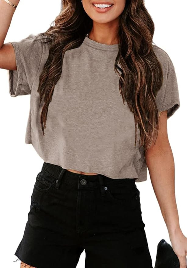 UNCLECAT Women's Cropped T Shirts Trendy Short Sleeve Crew Neck Crop Tops Solid Basic Tee | Amazon (US)