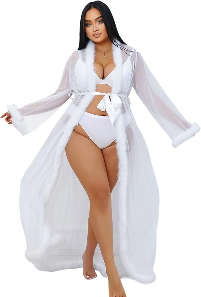 ohyeahlady Women Plus Size Lingerie Robe Floor Length Mesh Sheer Nightwear Kimono Dressing Gown w... | Amazon (UK)