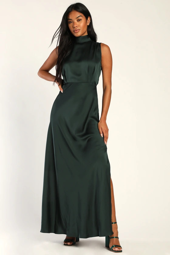 Classic Elegance Green Satin Sleeveless Mock Neck Maxi Dress | Lulus