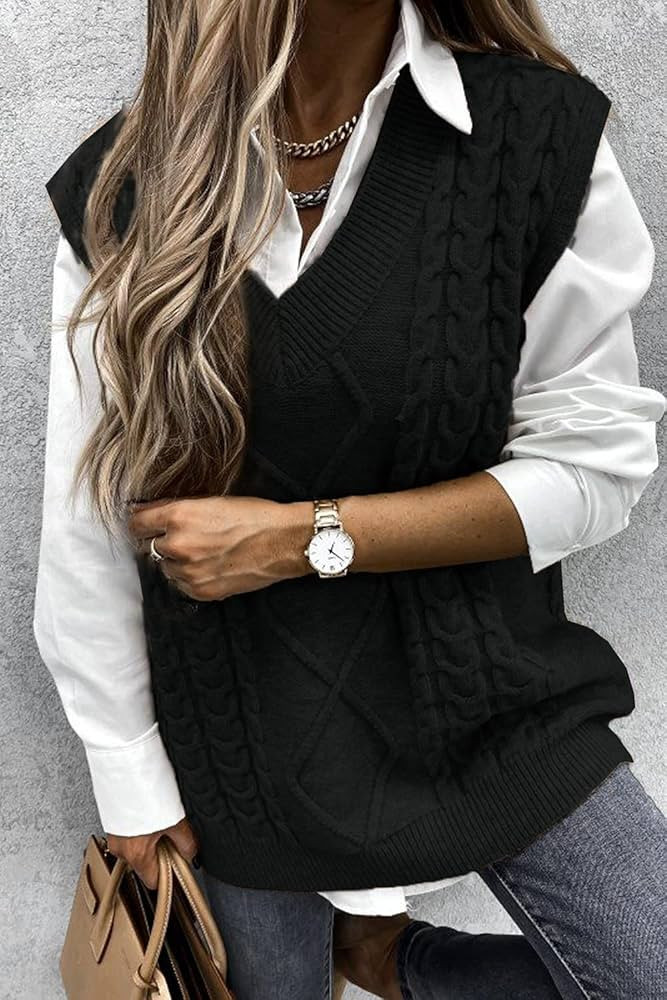 Sweezarmo Womens V Neck Cable Knit Sweater Vest Solid Color Oversized Sweater Casual Sleeveless Pull | Amazon (US)