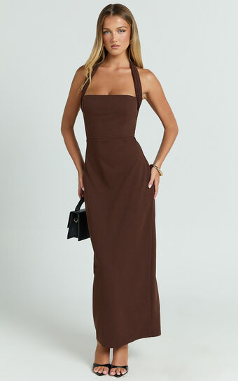 Salome Midi Dress - Halter Neck Column Dress in Chocolate | Showpo (ANZ)