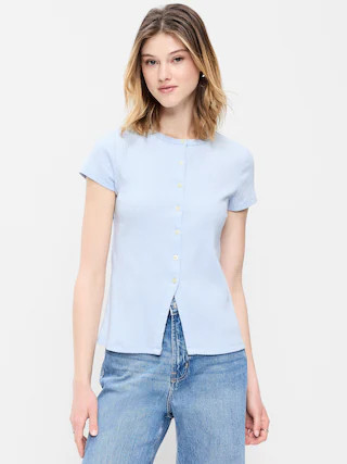 Short-Sleeve Ribbed Button-Down Top | Old Navy (US)