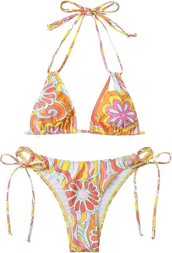 Romwe Women's Allover Floral Print String Triangle Halter 2 Piece Bikini Swimsuit Beachwear | Amazon (US)