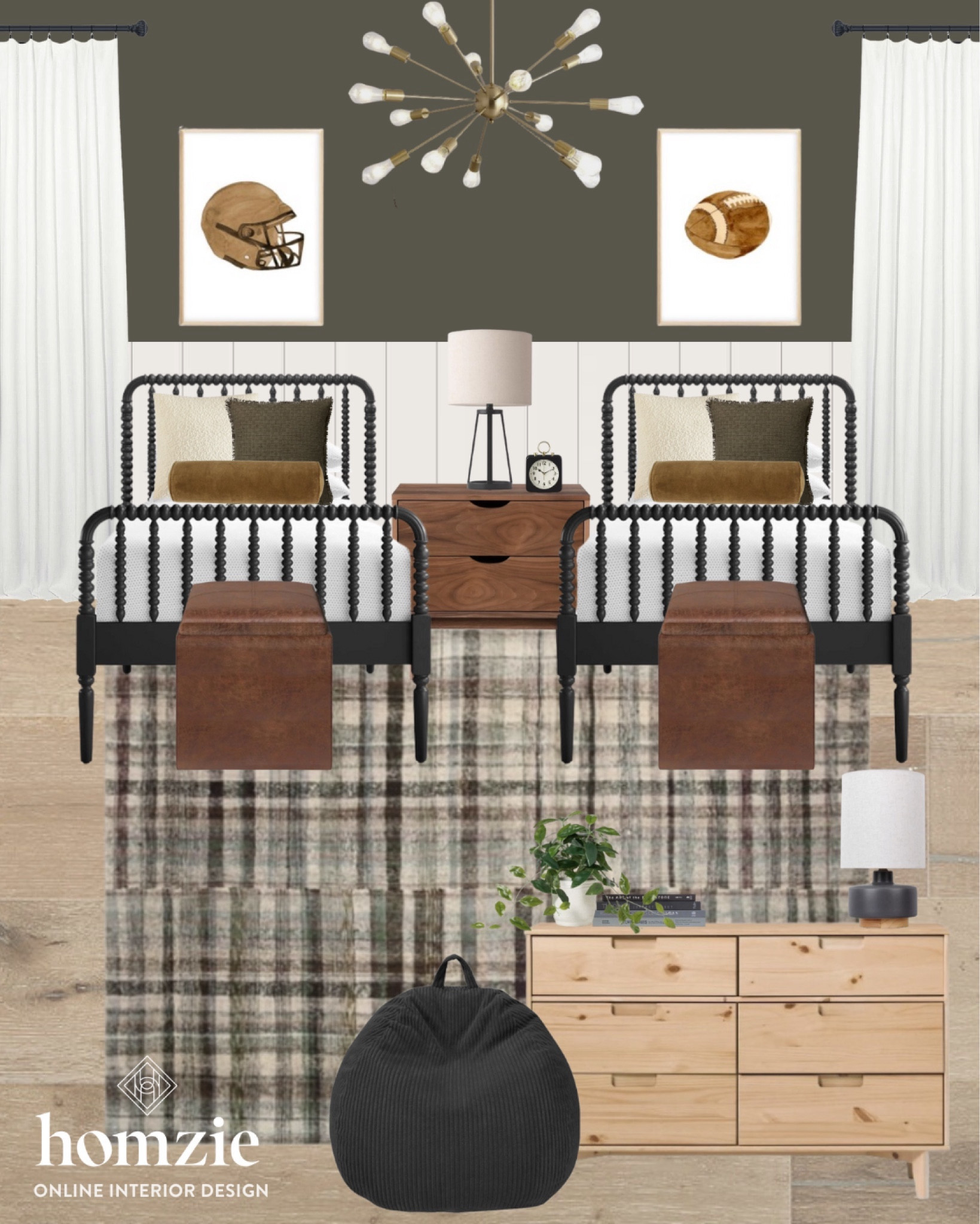 Boys bedroom design! Warm moody bedroom with leather ottoman, oak dresser, spindle bed frames, plaid rug, and sports themed decor  

#LTKfamily #LTKkids #LTKhome
