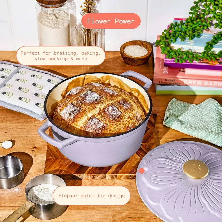Beautiful 4 Quart Enameled Cast Iron Round Dutch Oven with Petal Design Lid, Lavender by Drew Bar... | Walmart (US)