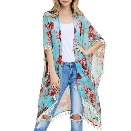 Cardigan Clearance Women Fashion Chiffon Printing Smock Casual Top Loose Tassel Cardigan Cape Blue M | Walmart (US)