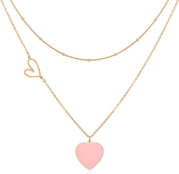 Linawe Heart Pendant Layered Necklaces for Women Trendy, Stainless Steel Hypoallergenic Choker La... | Amazon (US)