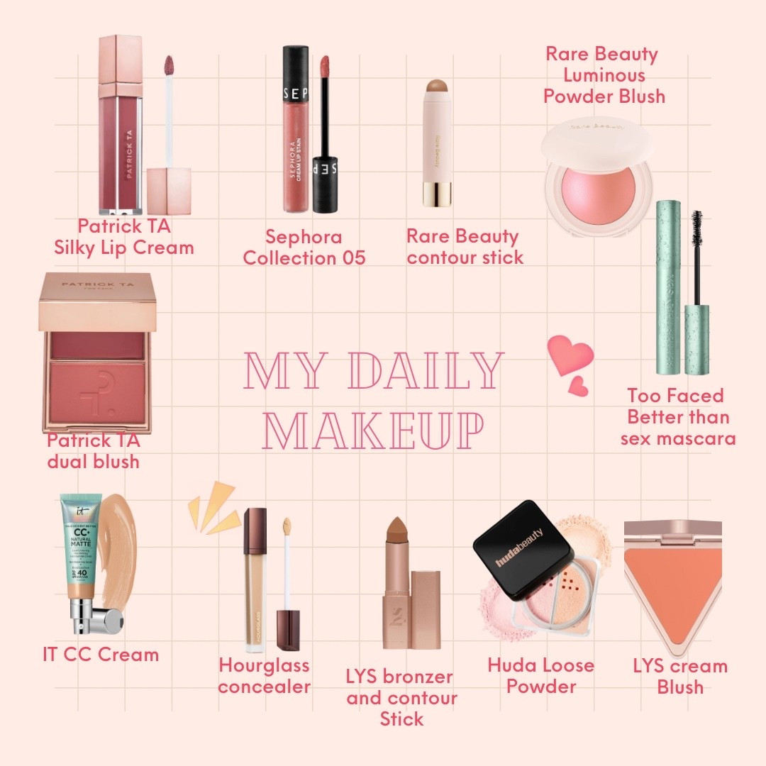 My daily makeup 

- IT Cc cream matte Neutral Medium 
- hourglass concealer Sepia 
- LYS contour and bronzer stick Harmony 
- LYS cream blush Kindness 
- Rare Beauty Contour stick 
- Huda Beauty Easy Bake Loose Powder Brightening + Correcting Duo 
- Patrick TA dual blush cream and powder She’s Flushed 
- Rare Beauty Soft Pinch luminous blush Cheer 
- Too Faced Better than sex mascara 
- Patrick TA Silky Lip cream Blushing 
- Sephora Collection cream lip 05 Infinite Rose 

#LTKgrwm #LTKselfcare #LTKBeauty