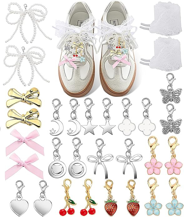 Yawlsow 30 Pcs Shoe Charms for Sneakers Junk Charm for Women with Ribbon Lace Shoelaces, Clips, L... | Amazon (US)