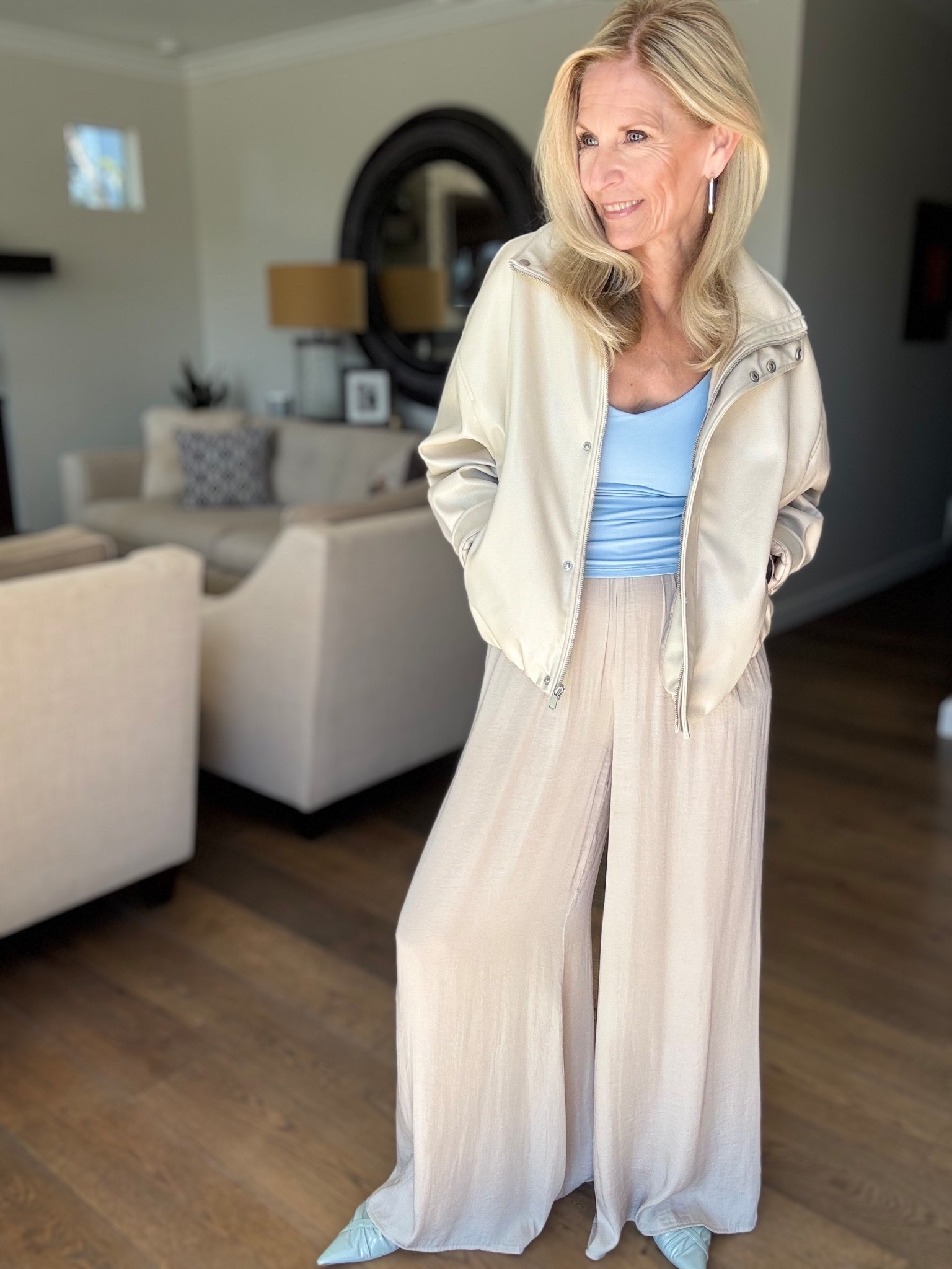 Welcome to my New Series…

How to Style Spring 2026 Trends for 60+

The Funnel Neck

This chic collar is seen in everything from jackets to blouses. I’m doing this one with very flowy pants. Soft pants with edgy jacket. And then I love this baby blue tank and shoes with it because the color just brings attention to the collar.

I’ve always been a huge fan of trends ever since I worked at Nordstrom doing their fashion shows. (Don’t get me wrong I love the classics and my basics.)

The trends just give me that creative way to fly. You don’t need to get every single one that’s out there this season. Just a couple that resonate with you. Then maybe I can inspire you, my friend, that pro-age woman on how to style them.

Follow me for more 50+ style inspiration.

#LTKootd #LTKOver40