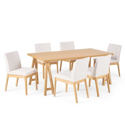 GDFStudio Hampton 7 Pieces Mid Century Modern Upholstered Rubber Wood Dining Set, Light Beige/Natural Oak | Target