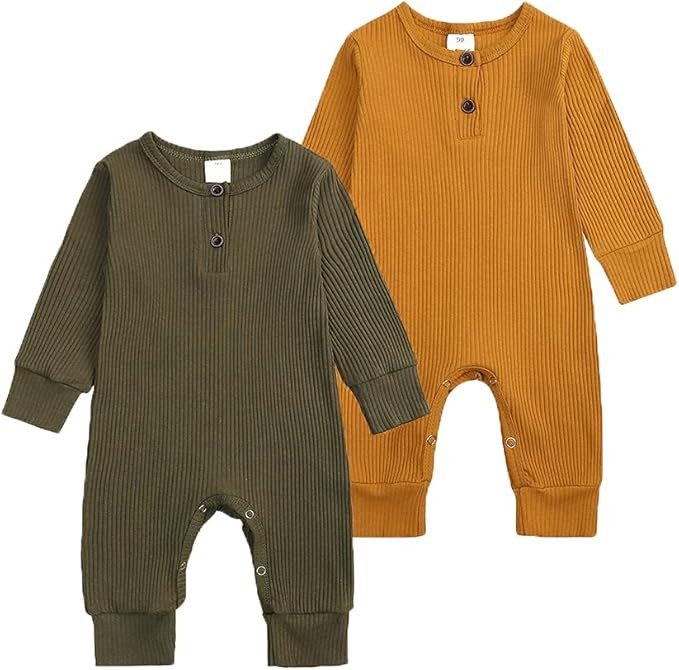 BeiVSlley Newborn Baby Boy Girl 2 Pack Button Solid Romper Infant Long sleeve Knit Cotton Footles... | Amazon (US)