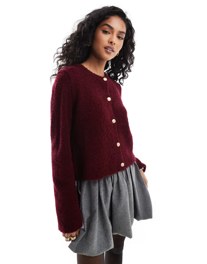 ASOS DESIGN crew neck boucle cardigan with gold buttons in burgundy-Red | ASOS (Global)
