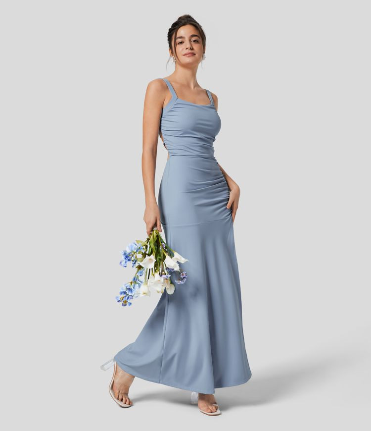 Women’s Square Neck Ruched Backless Crisscross Lace Up Split Maxi Bridesmaid And Wedding Guest ... | HALARA