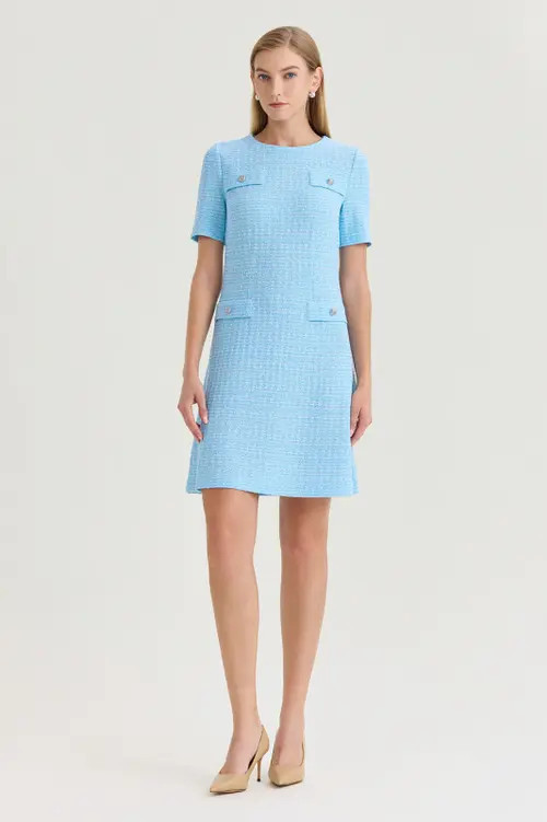 Ming Wang x Family Savvy A-Line Tweed Texture Above-the-Knee Dress in Serene/white at Nordstrom, Size Xx-Small | Nordstrom