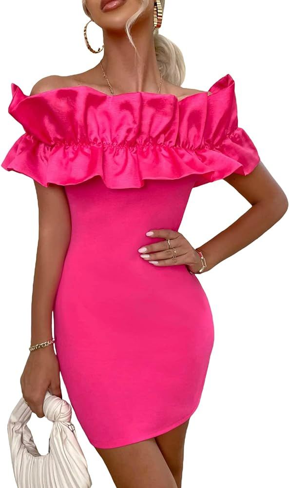 WDIRARA Women's Off Shoulder Strapless Ruffle Trim Sleeveless Bodycon Mini Party Dress | Amazon (US)