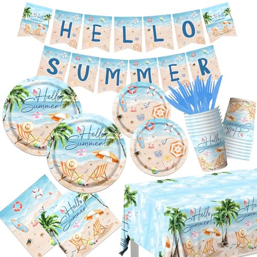Beach Party Decorations,142pcs Hello Summer Party Tableware Set Summer Plates and Napkins Cups Tablecloth Supplies Pool Party Supplies for Summer Themed Party Decorations | Amazon (US)
