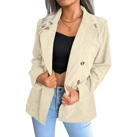 Dyfzdhu Corduroy Blazers for Women Button-down Long Sleeve Work Office Casual Plus Size Suit Jacket Fall Winter Beige | Walmart (US)