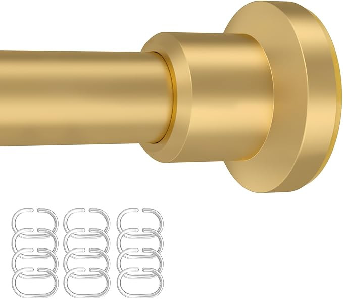 Gold Shower Curtain Rod with 12 Hooks Rings Adjustable Tension Rod with Durable Spring, No Drilli... | Amazon (US)