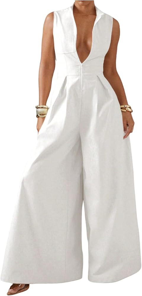 SOLY HUX Women's Zipper Front Wide Leg Jumpsuit Summer Mock Neck Sleeveless Elegant Romper | Amazon (US)