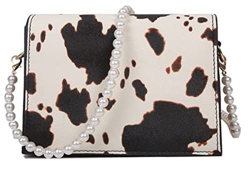 Cow Print Clutches Pearl Strap Evening Purse Mini Handbag Crossbody Bag (Beige) | Amazon (US)