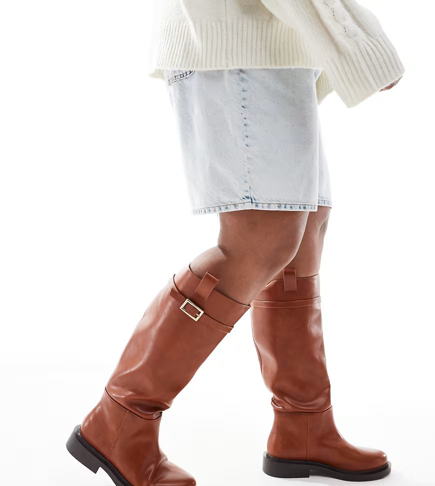 ASOS DESIGN Curve - Callie - Nette platte kniehoge rijlaarzen in lichtbruin | ASOS (Global)