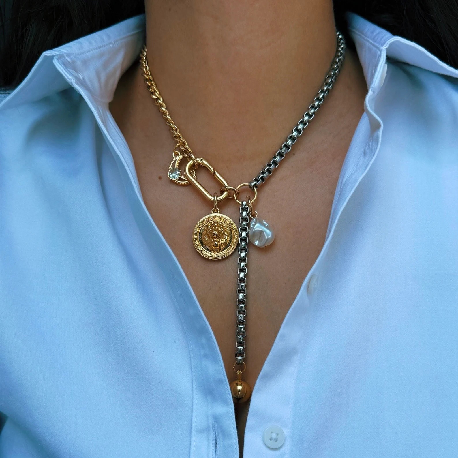 Lion Y Lariat Necklace Carabiner Charm Necklace Mixed Metals Lariat Necklace Charms Necklace Gift... | Etsy (US)