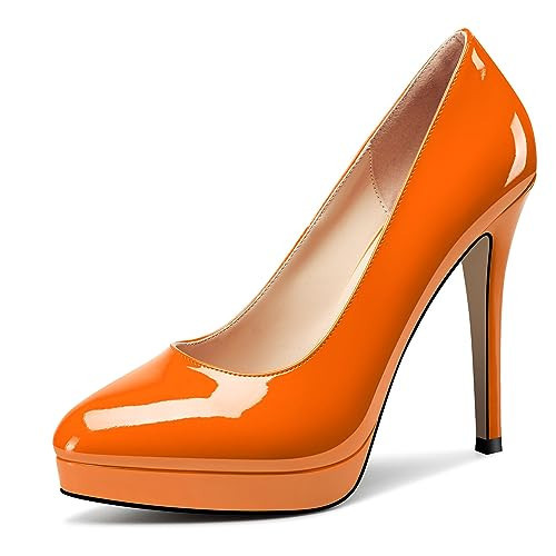 Castamere Womens High Stiletto Platform Heel Pointed Toe Slip-on Pumps Wedding Prom Sexy Patent Leather 4.7 Inches Heels Orange 12 M US | Amazon (US)