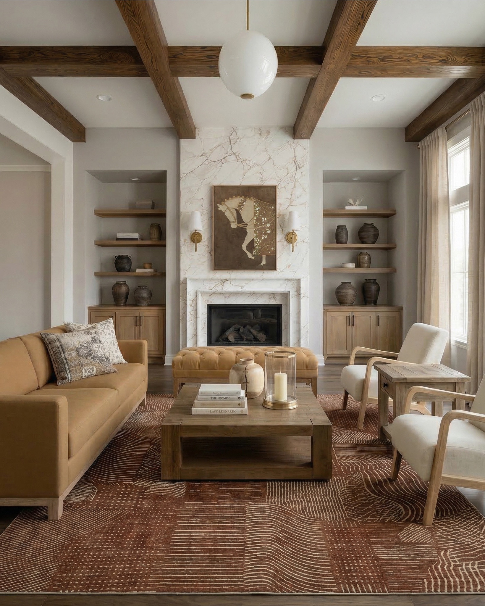 Shop the look:
* camel leather sofa
* beige upholstered accent chair 
* wood frame accent chair cream cushion
* tufted leather ottoman coffee table
* square wood coffee table
* rustic wood coffee table
* wood side table square
* round wood drink table
* brown patterned area rug
* vintage style distressed rug brown
* earthy tone geometric rug
* white globe pendant light
* brass wall sconce white globe
* modern brass sconce lighting
* neutral ceramic vase decor
* brown clay decorative vases
* glass hurricane candle holder
* pillar candle neutral
* stacked coffee table books neutral
* wood decorative bowl
* small pottery decor
* abstract neutral wall art
* modern brown beige artwork
* framed canvas neutral tones
* neutral throw pillow beige
* patterned accent pillow neutral
* textured throw blanket brown

#LTKsale #LTKhome