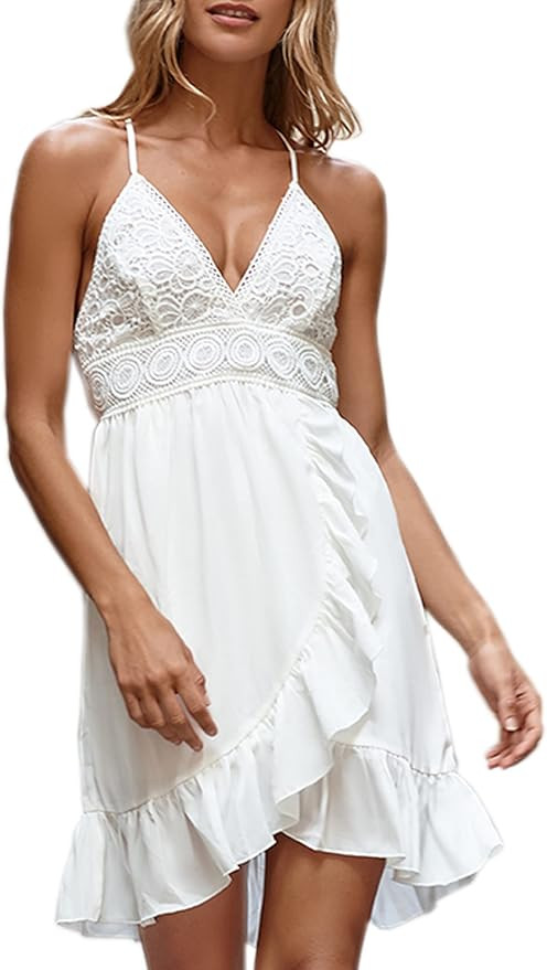 ECOWISH Womens V-Neck Spaghetti Strap Bowknot Backless Sleeveless Lace Mini Swing Skater Dress | Amazon (US)