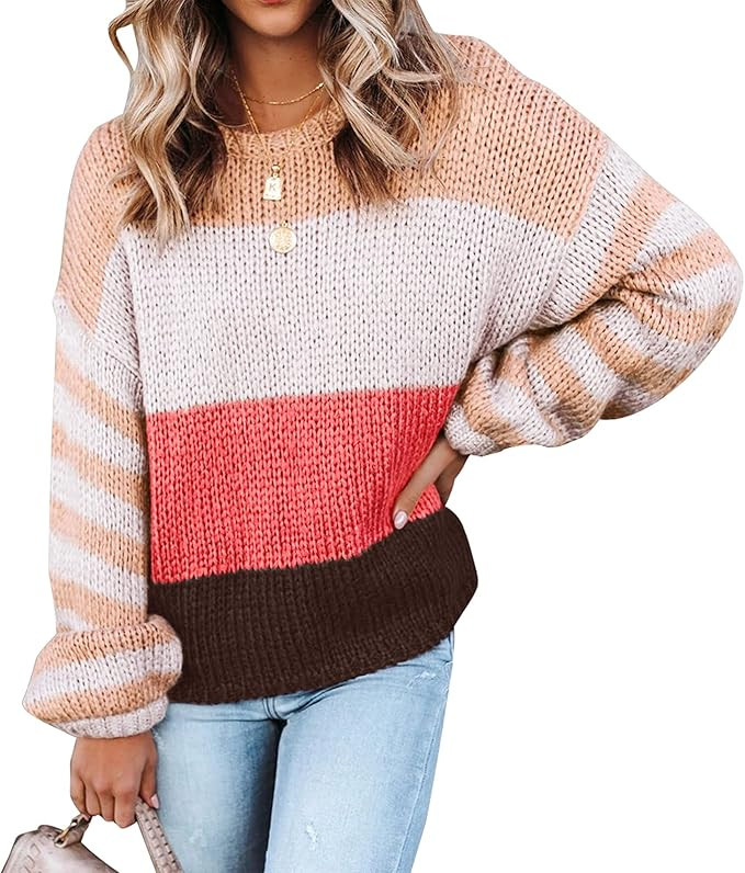 ZESICA Women's Long Sleeve Crew Neck Striped Color Block Casual Loose Knitted Pullover Sweater To... | Amazon (US)